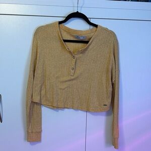 Hollister Mustard Ribbed Cropped Henley Long Sleeve Top